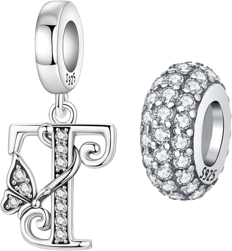 PANPOKI Store 2 Pack 925 Sterling Silver Butterfly Letter Charms for Bracelets and Necklace Alphabet Initial Dangle Pendants Round Spacer Beads Pave Cubic Zirconia Jewelry Gift for Women - Image 1